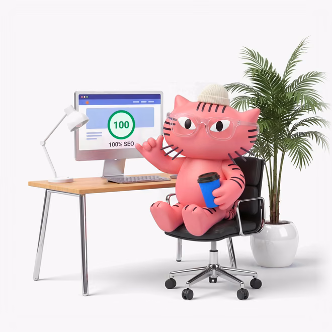 Websolutely cat mascot at a desk with a coffee cup and a 100 SEO score on screen