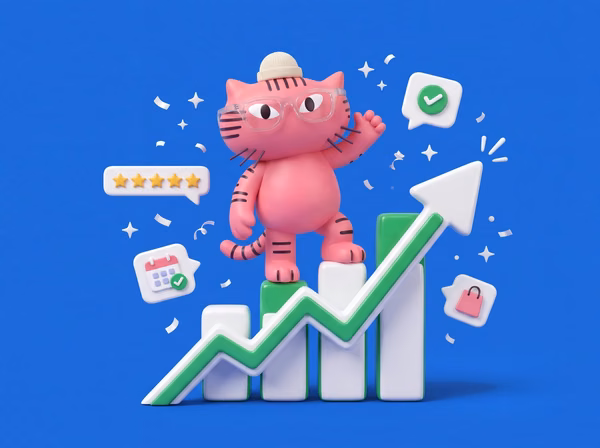 Websolutely cat mascot celebrating on a rising growth chart with reviews, bookings and sales